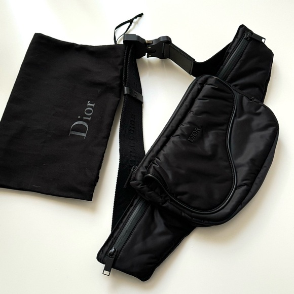 VINTAGE DIOR CROSSBODY WAIST SADDLE BAG BLACK NYLON - Picture 1 of 9